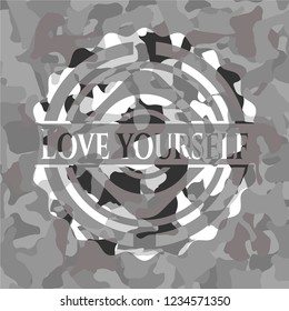 Love Yourself on grey camouflaged pattern