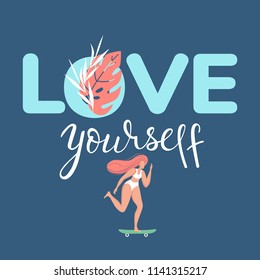 Love yourself phrase Lettering with Plus Size Happy Girl. Hand drawn calligraphy. Vector Illustration EPS 10. Can use for poster design, card, t-shirt print, web.