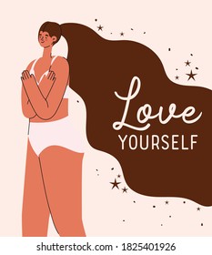 love yourself plus size woman cartoon in underwear design, self care theme Vector illustration