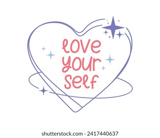 Love yourself positive saying retro typographic boho heart art on white background