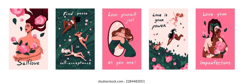 Love Yourself postcards set. Women motivation cards designs with quotes about self-acceptance, support phrases, happy girls, female power, care. Inspiration concept posters. Flat vector illustrations