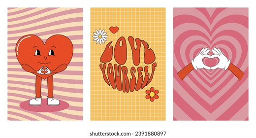 Love yourself poster with cute cartoon heart character. Groovy heart character. Set of hippie 60s 70s retro style Valentine's day posters. Vector illustration