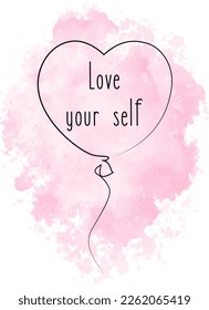 Love yourself poster. One-line style heart on a watercolor background with a call to love yourself