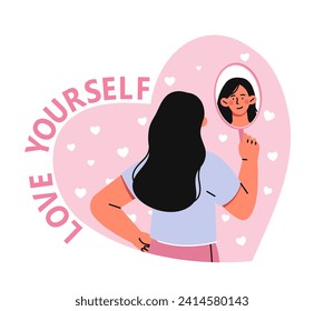 Love yourself poster. Woman look at her reflection in mirror. Self acceptance and love. Mental health and psychology. Cartoon flat vector illustration isolated on white background