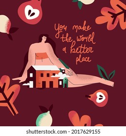 Love yourself print with happy woman with self esteem, heart and motivation quote slogan. Your body your rules, plus size or overweight girls.Inscription for t shirt,cards.Body positive poster.