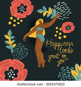 Love yourself print with happy woman with self esteem, heart and motivation quote slogan. Your body your rules, plus size or overweight girls.Inscription for t shirt,cards.Body positive poster.
