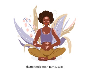 Love yourself with problem vitiligo skin vector background. Self-care body wellness concept. Young african woman sitting in yoga posture. Girl fold her hands on her stomach, fingers formed heart shape