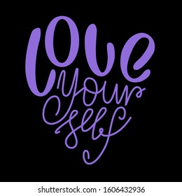 Love yourself quote hand written in purple in a shape of heart on a black background.