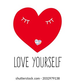 Love yourself quote. Self-care word. Modern doodle design text love yourself with red heart. Design print for t shirt, pin label, badges, sticker, greeting card, banner. Vector illustration. 