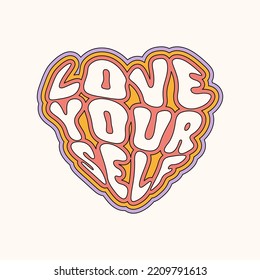 Love Yourself retro slogan in heart shape. Vintage inspirational text for t shirt, poster, sticker, card, blog, cosmetics. Trendy vector illustration. Pastel colors 