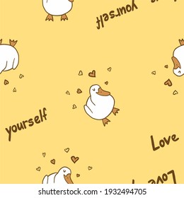 Love yourself seamless vector pattern. White duck with love yourself hearts