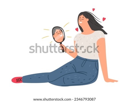 Love yourself, self acceptance concept. Happy beautiful woman looking in the mirror. Young woman healthy self-perception. Self esteem vector illustration. Smiling woman holding mirror with happiness