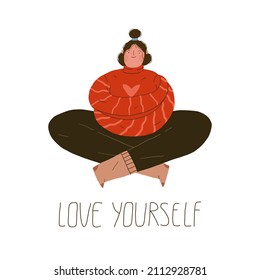 Love yourself. Self care, body positive, confidence concept. Woman hugging herself. Hand drawn vector illustration.
