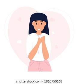 Love yourself, self care concept. Vector stock illustration in flat cartoon design isolated on white background. Smiling woman hug herself on heart background. Body positive.