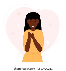 Love yourself, self care concept. Vector stock illustration in flat cartoon design isolated on white background. Smiling woman hug herself on heart background. Body positive.