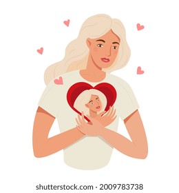 Love yourself and self care concept. Woman hugging heart with self image inside. Young female with a heart hugging herself. Self love and inner child idea. Flat vector illustration isolated on white