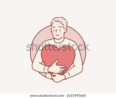 Love yourself, Self care, elderly man hugging heart, acceptance and self love. Positive psychology, optimism and mental health. Hand drawn style vector design illustrations.