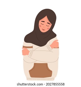 Liebt euch. Selbstversorgung. Konzept der psychischen Gesundheit. Happy arab Frau im Hijab, die sich umarmt. Lächelnde Teenager genießen ihre Freiheit. Vektorgrafik im flachen Cartoon-Stil.