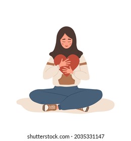 Love yourself. Self care. Mental health concept. Happy arab woman in hijab hugging red heart. Smiling teenager enjoys her freedom. Vector illustration in flat cartoon style.