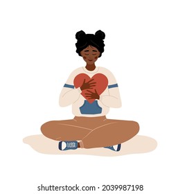 Love yourself. Self care. Mental health concept. Happy african woman hugging red heart. Smiling teenager enjoys her freedom. Vector illustration in flat cartoon style.