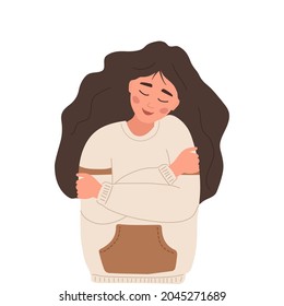 Love yourself. Self care. Mental health concept. Happy woman hugging herself. Smiling teenager enjoys her freedom. Vector illustration in flat cartoon style.