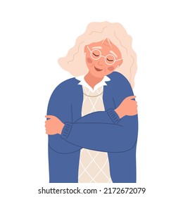 Love yourself. Self care. Mental health concept. Happy elderly woman hugging herself. Smiling aged lady enjoys her freedom. Vector illustration in flat cartoon style.