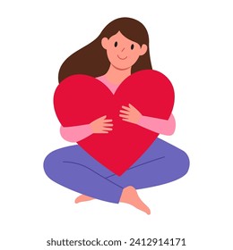 Love yourself, Self care, Woman hugging heart, acceptance and self love. Positive psychology, optimism and mental health. Poster or banner with happy girl. Flat vector illustration