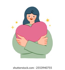 Love yourself, Self care, Woman hugging heart, acceptance and self love. Positive psychology, optimism and mental health. Poster or banner with happy girl. Flat vector illustration