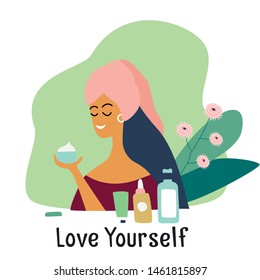 Love yourself. Self-confident girl care about herself and use cream. Vector concept card or postcard with cute smiling young girl with bottles of cosmetics and plants