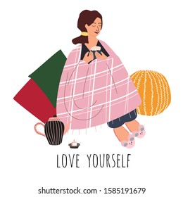 Love yourself. Self-confident girl hugged herself. Happy woman wrapped in blanket  and drinking hot coffee or tea .Vector concept with cute smiling young girl