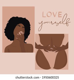 Love yourself. Set of Abstract minimalistic female figure in underwear. Face and body African American girl