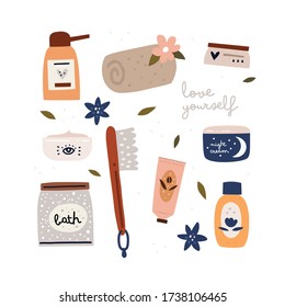 Love yourself set. Collection of cosmetics for daily care. hand cream, body oil, mask, body massage brush, eye cream, lotion, body milk, bath salt, eye cream, towel. Vector icons isolated on white