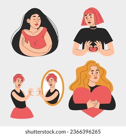 Love yourself set vector isolated. Self love, collection of female characters with red hearts. Woman hugs herself, positive attitude to yourself. Smiling girls. Self-care and self-help.