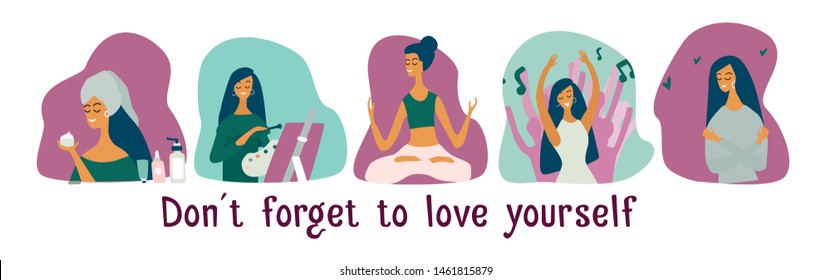 Love yourself set. Vector lifestyle concept card with text don’t forget to love yourself. Motivation to take time for yourself: go to events, create, do yoga. Cartoon colorful illustration