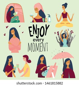 Love yourself set. Vector lifestyle concept card with text enjoy every moment.  Motivation to take time for yourself: read  books, go to events, create, be positive, do yoga. Cartoon illustration