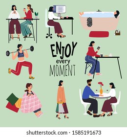 Love yourself set. Vector lifestyle concept card with text enjoy every moment.  Motivation to take time for yourself: read books, go on dates, meet friends, read books, workout, healthcare. Vector.