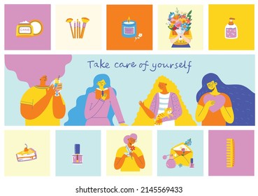 Love yourself set. Vector lifestyle concept card with text enjoy every moment. Motivation to take time for yourself: read books, go to events, create, be positive, do yoga.