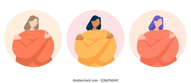 Love yourself set. Love your body concept. Girl Healthcare Skincare. Take time for yourself. Vector illustration. Woman hugging herself. Pastel cute soft colors. Isolated on background