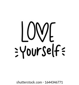 Love yourself short saying about self care with linear heart and burst clipart. Simple wellness quote to make stickers, wall art or t-shirt iron on.