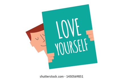 love yourself sign on a board vector illustration. Man holding a sign "love yourself". Business and Digital marketing concept for website and banners promotions.