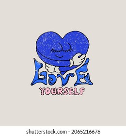 Love yourself slogan with character blue heart. Hippie style groovy vibes