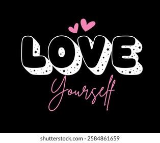 Love yourself slogan, groovy heart vector illustration for t-shirt and other uses.