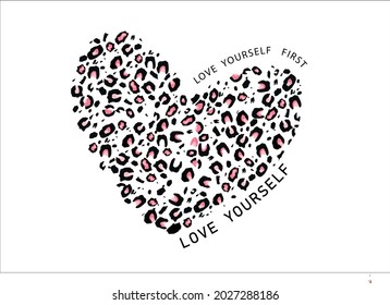 Love yourself slogan text with pink leopard pattern vetor design