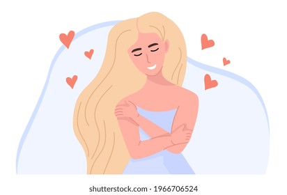 Love yourself. Smiling woman hug herself. Body care design concept. Inspirational print design, feminism, self care and bodypositive poster. Colorful vector illustration in flat cartoon style