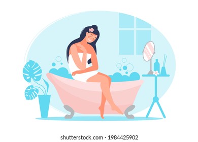 Love yourself, spa concept. Female character spend time in the bathroom and relaxing. Smiling woman hug herself with plant, foam, bath, table, mirror. Design for banner, flyer, card