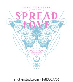 "Love Yourself, Spread Love, Respect Others" quoted slogan print design with butterfly, flowers and geometric shapes illustration 