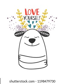 Love yourself sweet card template with cute dog and leaves and hearts decoration, vector illustration