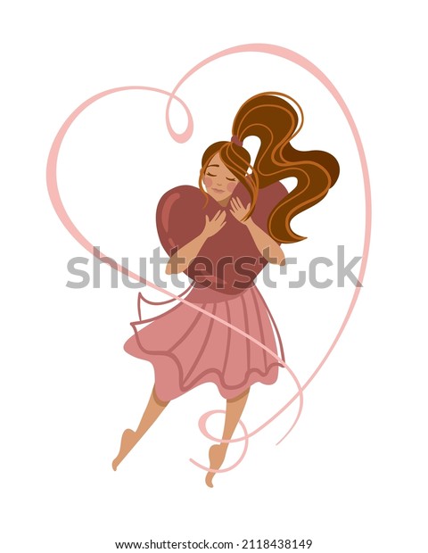 Love yourself.\
Take time for yourself. A woman hugging herself and heart. Self\
love. Vector\
illustration.