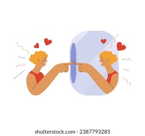 Love yourself. Take time for your self. Happy woman pointing on herself in mirror reflection isolated on white background. Mental health. Modern flat vector illustration.