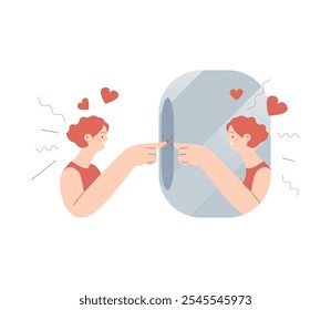 Love yourself. Take time for your self. Happy woman pointing on herself in mirror reflection isolated on white background. Mental health. Modern flat vector illustration.